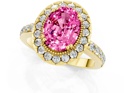 Yellow gold Oval Cut Pink Sapphire Halo Ring with Pavé Band and Prong Setting_1