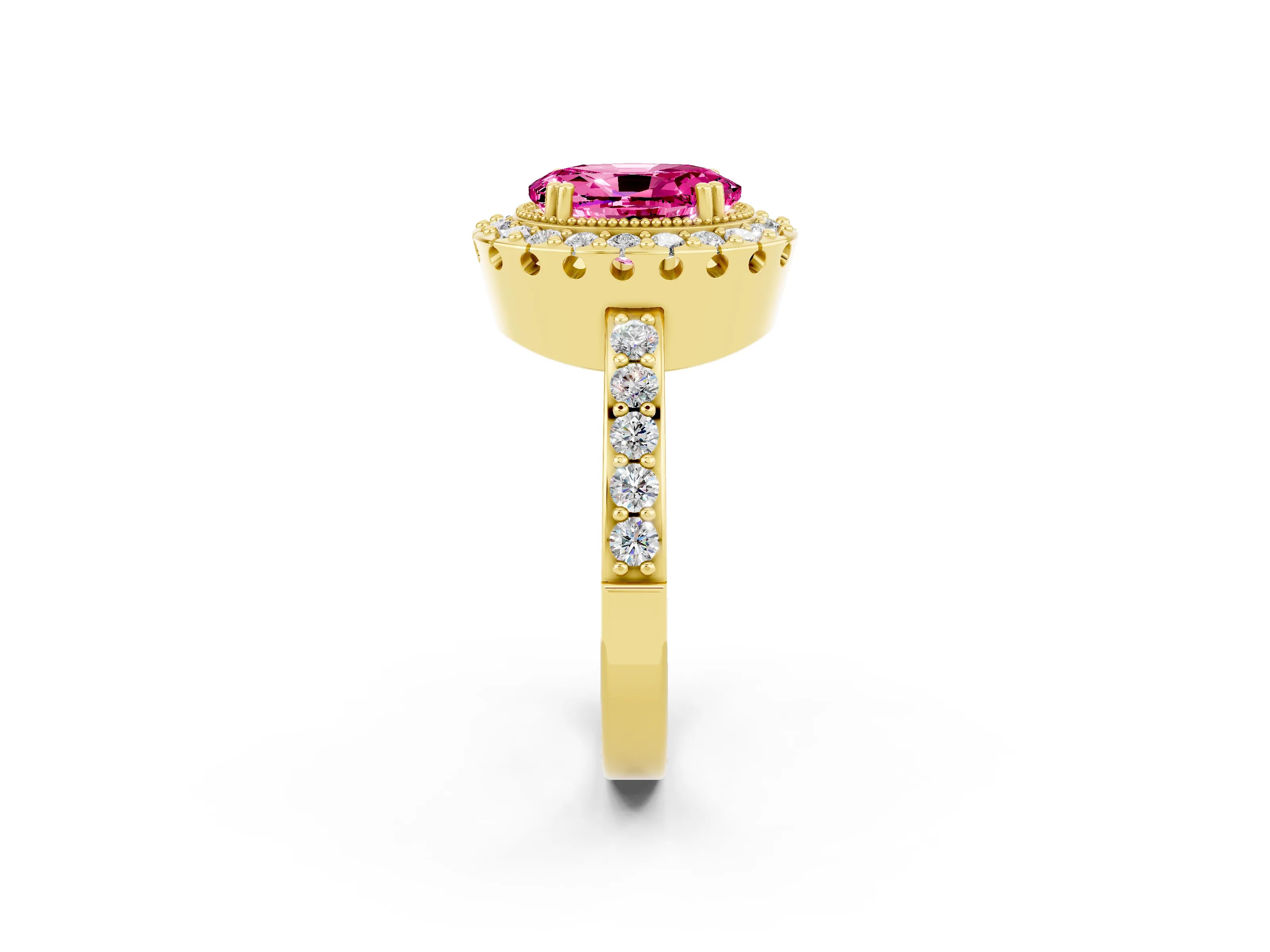 Yellow gold Oval Cut Pink Sapphire Halo Ring with Pavé Band and Prong Setting_2