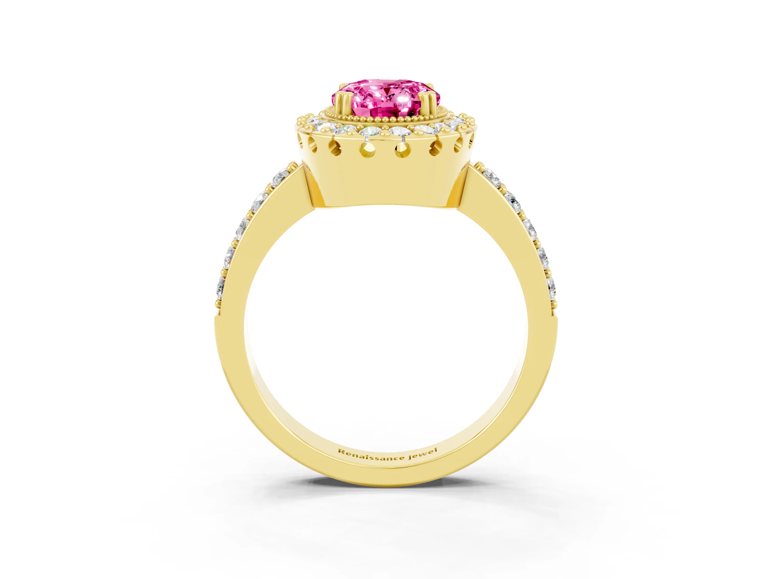 Yellow gold Oval Cut Pink Sapphire Halo Ring with Pavé Band and Prong Setting_3