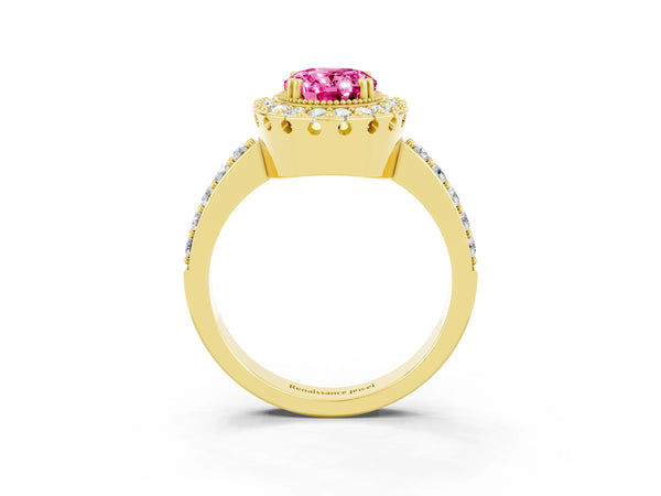 Yellow gold Oval Cut Pink Sapphire Halo Ring with Pavé Band and Prong Setting