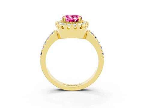 Yellow gold Oval Cut Pink Sapphire Halo Ring with Pavé Band and Prong Setting_3
