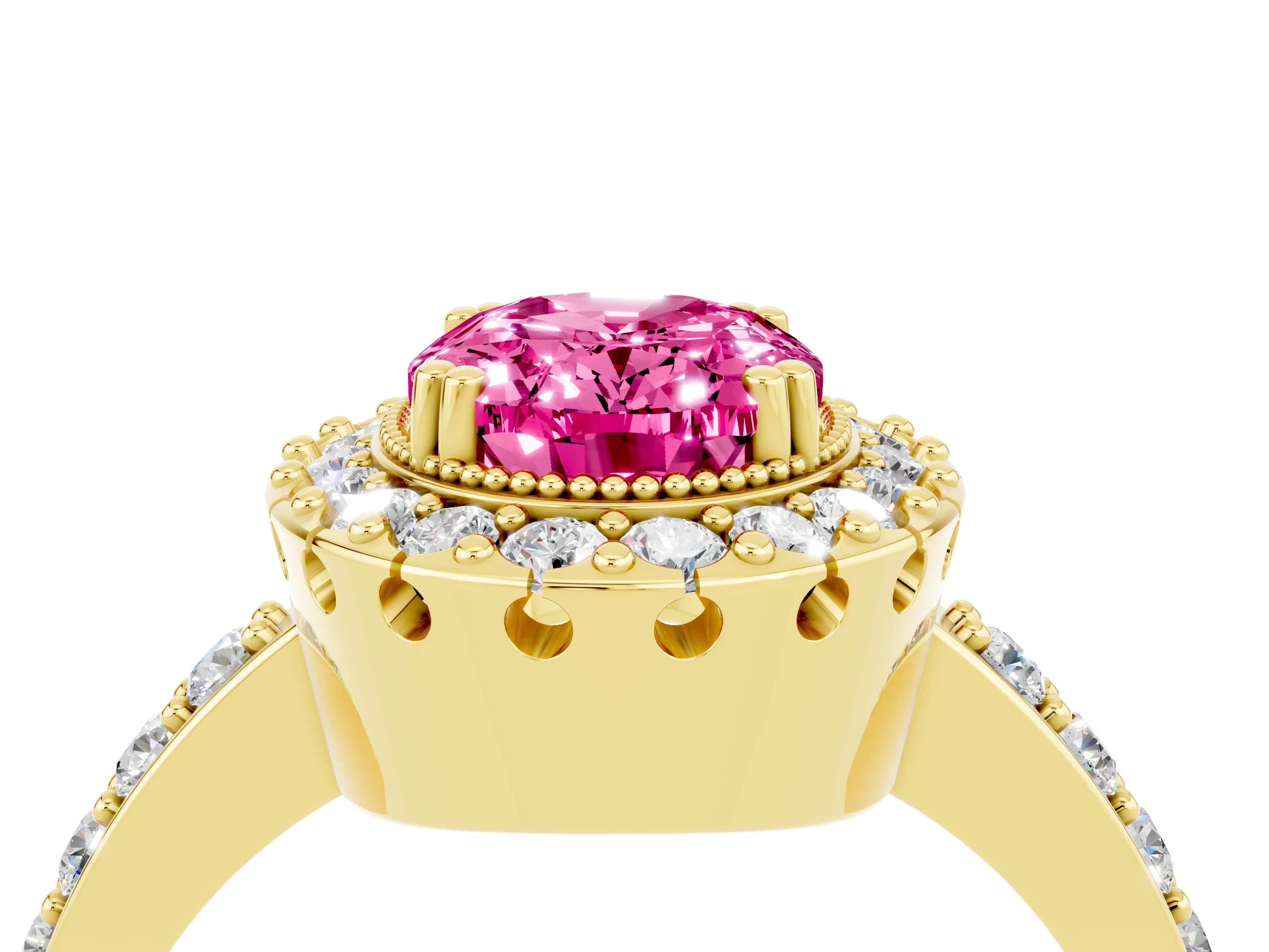 Yellow gold Oval Cut Pink Sapphire Halo Ring with Pavé Band and Prong Setting_4