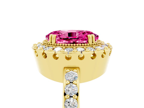 Yellow gold Oval Cut Pink Sapphire Halo Ring with Pavé Band and Prong Setting_5