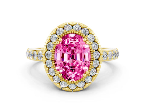 Yellow gold Oval Cut Pink Sapphire Halo Ring with Pavé Band and Prong Setting