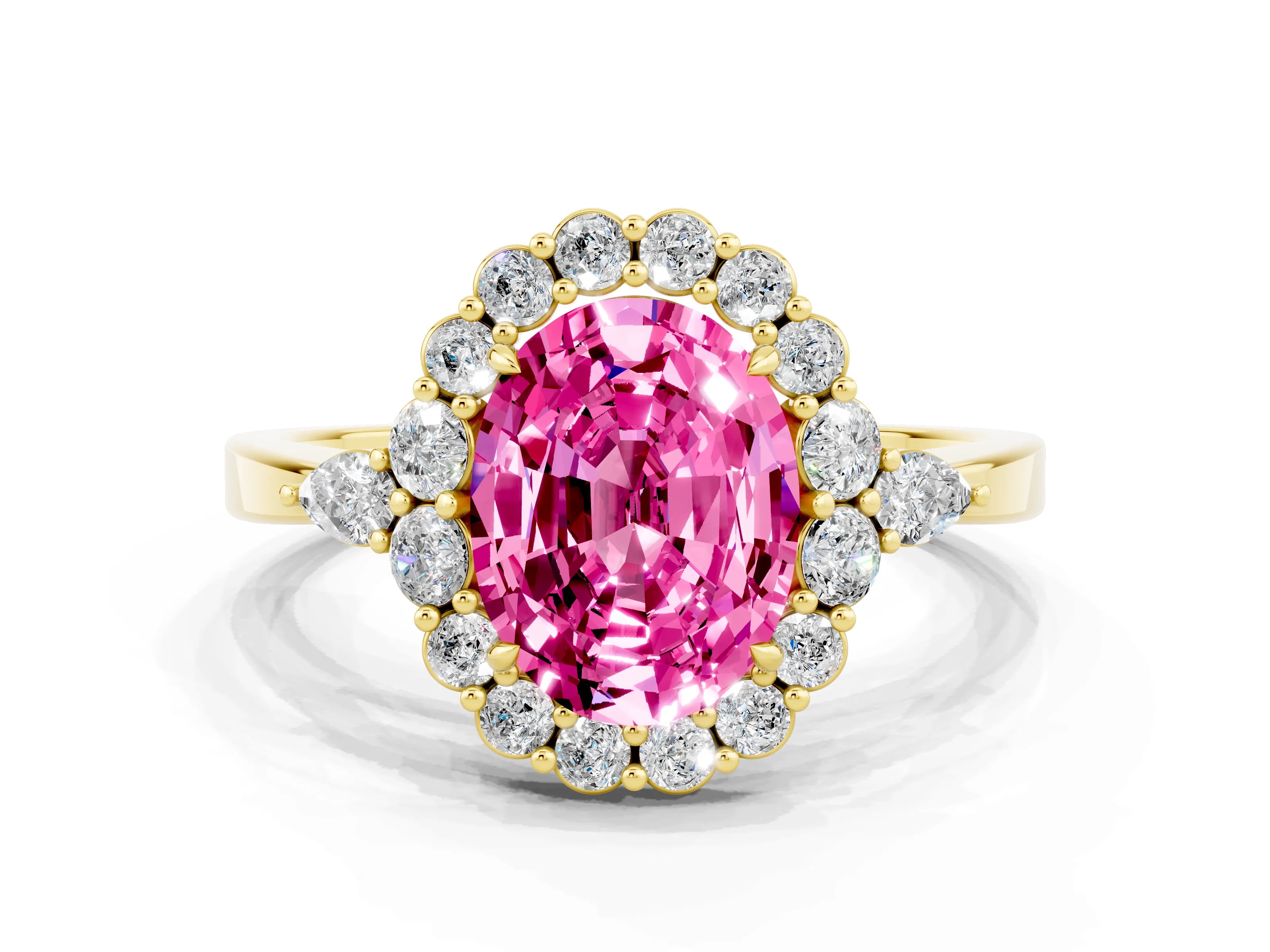 Yellow gold Oval Cut Pink Sapphire Halo Ring with Pear Side Stones and Prong Setting_12
