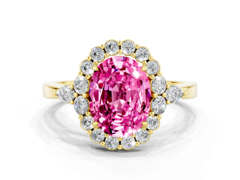 Yellow gold Oval Cut Pink Sapphire Halo Ring with Pear Side Stones and Prong Setting_12