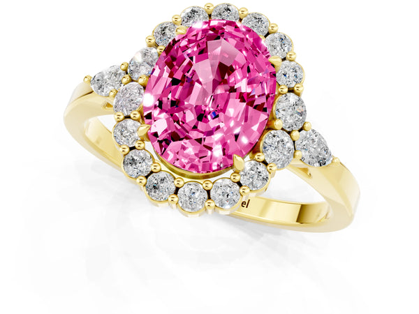 Yellow gold Oval Cut Pink Sapphire Halo Ring with Pear Side Stones and Prong Setting