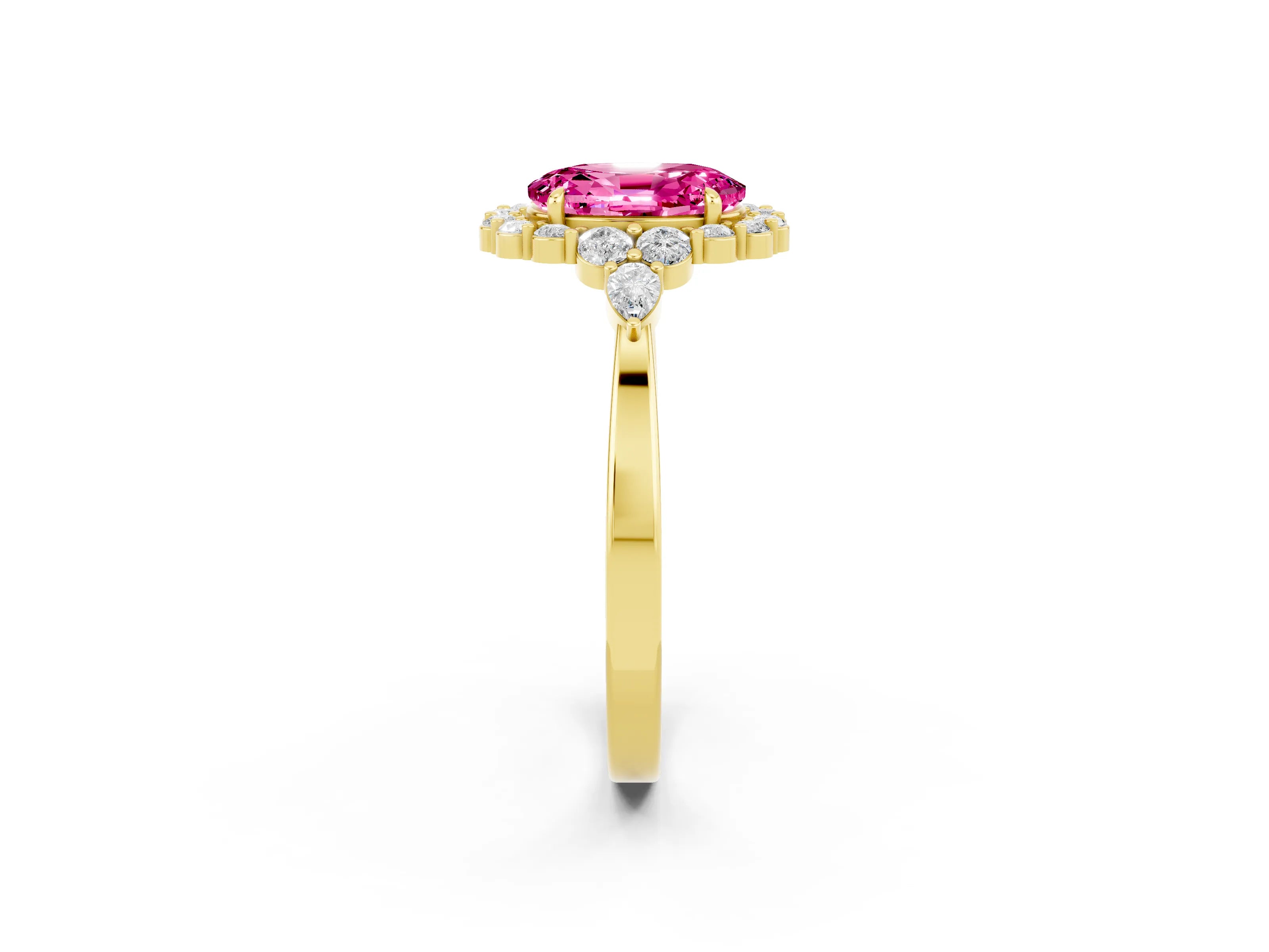 Yellow gold Oval Cut Pink Sapphire Halo Ring with Pear Side Stones and Prong Setting_14