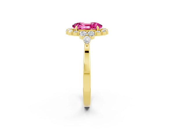 Yellow gold Oval Cut Pink Sapphire Halo Ring with Pear Side Stones and Prong Setting
