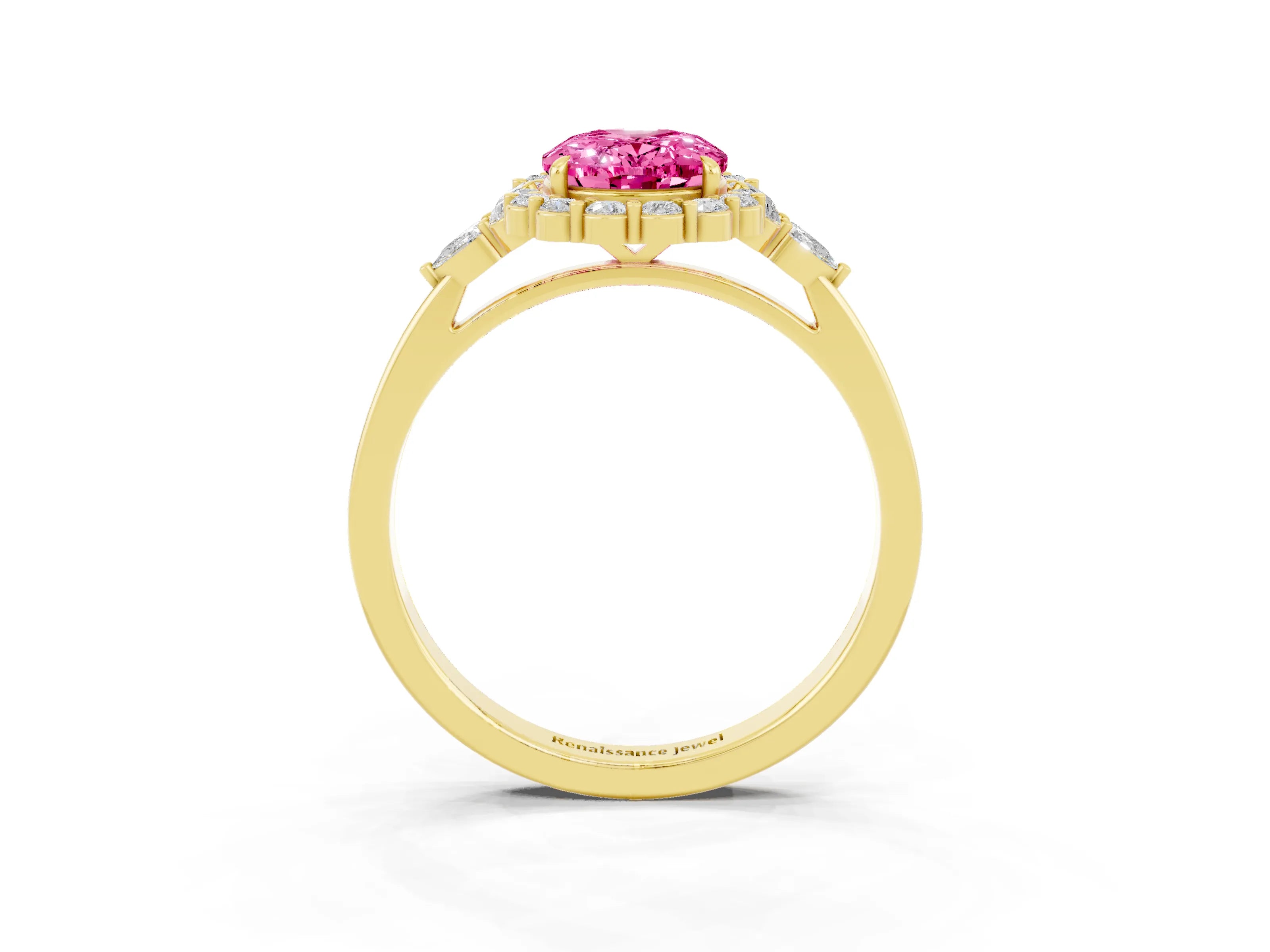 Yellow gold Oval Cut Pink Sapphire Halo Ring with Pear Side Stones and Prong Setting_15