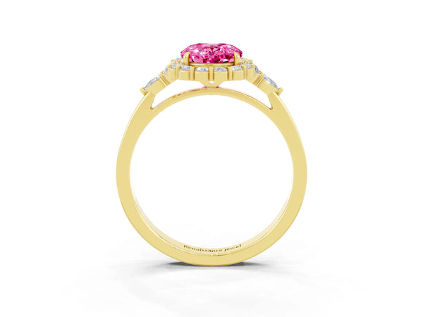 Yellow gold Oval Cut Pink Sapphire Halo Ring with Pear Side Stones and Prong Setting