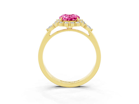 Yellow gold Oval Cut Pink Sapphire Halo Ring with Pear Side Stones and Prong Setting_15