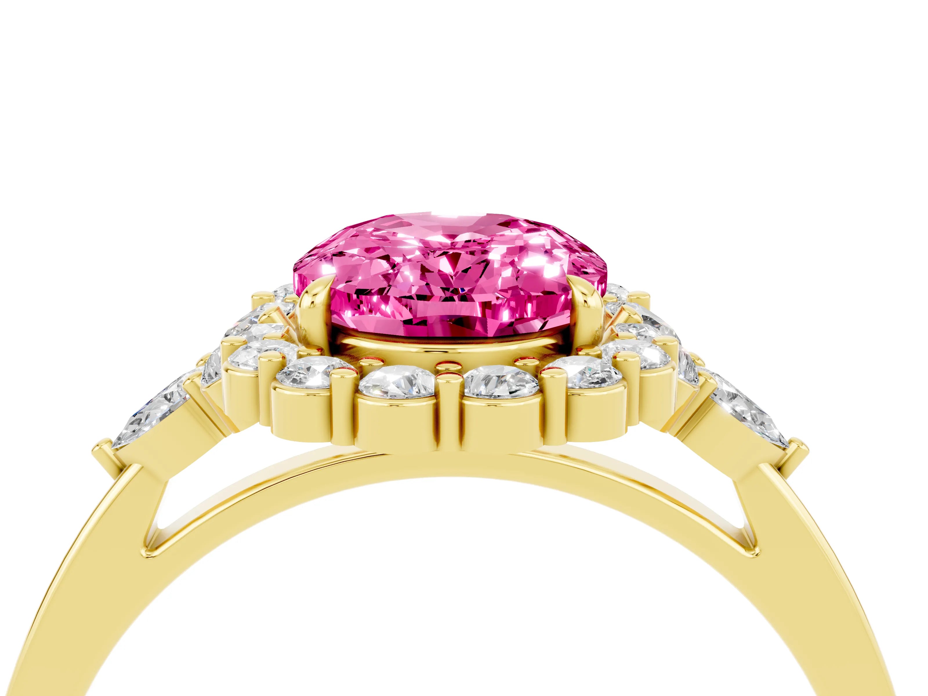 Yellow gold Oval Cut Pink Sapphire Halo Ring with Pear Side Stones and Prong Setting_16