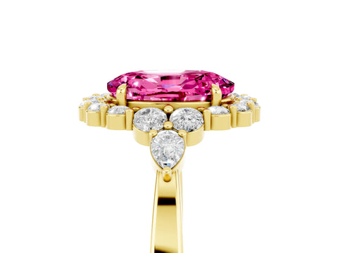 Yellow gold Oval Cut Pink Sapphire Halo Ring with Pear Side Stones and Prong Setting_17