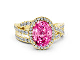 Yellow gold Oval Cut Pink Sapphire Halo Ring with Round Split Shank and Prong Setting_48