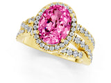 Yellow gold Oval Cut Pink Sapphire Halo Ring with Round Split Shank and Prong Setting_49
