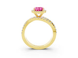 Yellow gold Oval Cut Pink Sapphire Halo Ring with Round Split Shank and Prong Setting_51