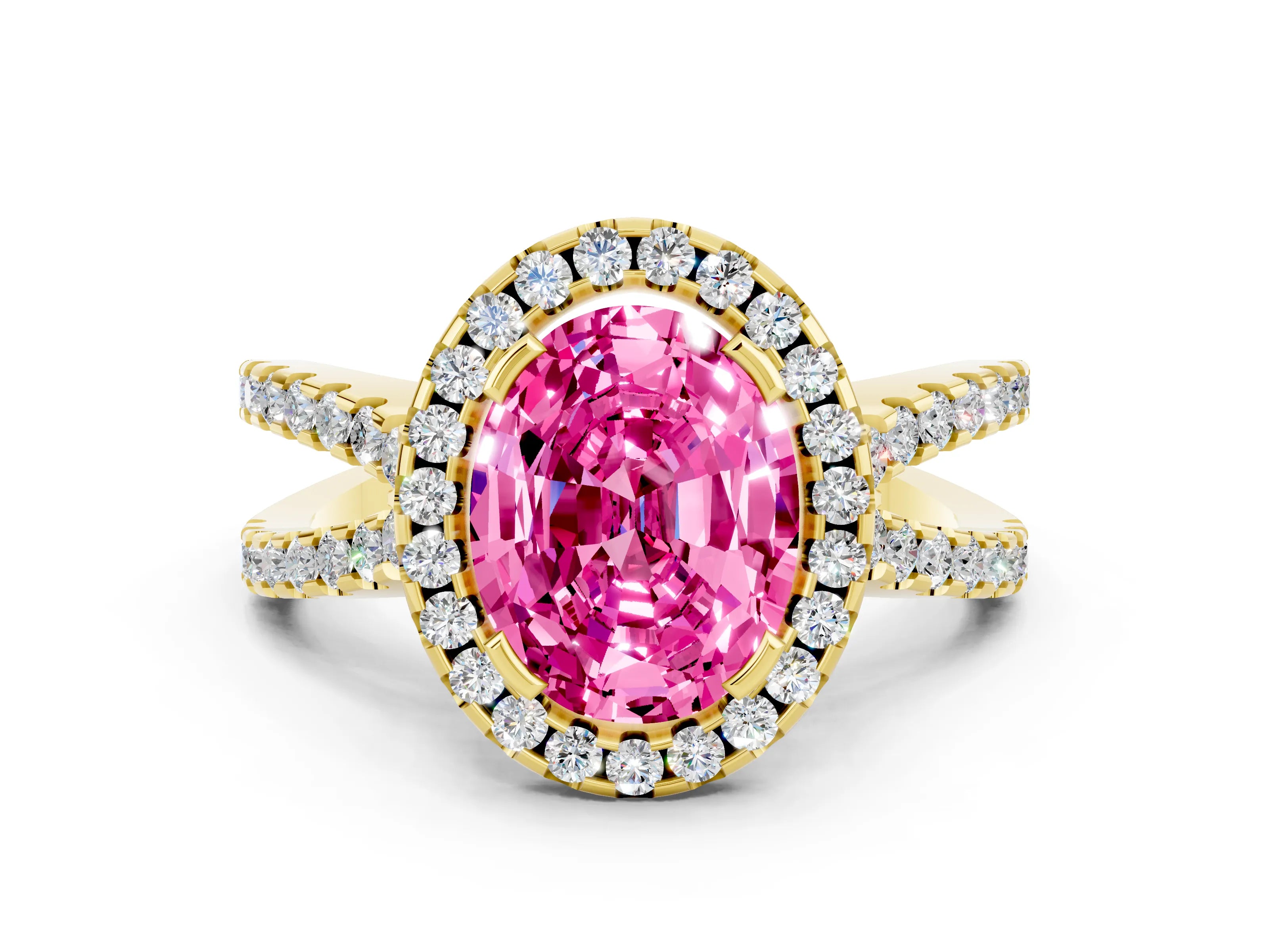 Yellow gold Oval Cut Pink Sapphire Halo Ring with Split Shank Pavé Band and Prong Setting_12