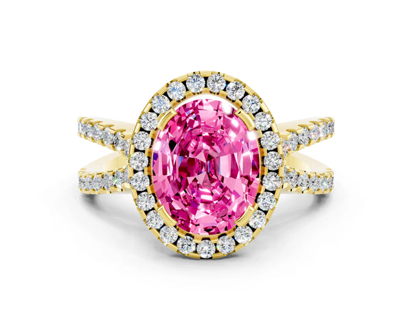 Yellow gold Oval Cut Pink Sapphire Halo Ring with Split Shank Pavé Band and Prong Setting
