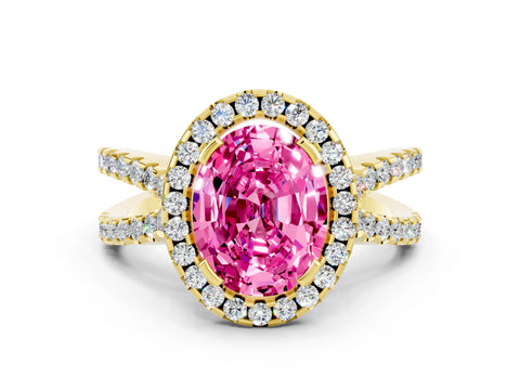 Yellow gold Oval Cut Pink Sapphire Halo Ring with Split Shank Pavé Band and Prong Setting_12