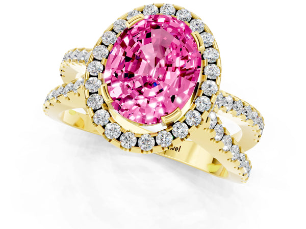 Yellow gold Oval Cut Pink Sapphire Halo Ring with Split Shank Pavé Band and Prong Setting