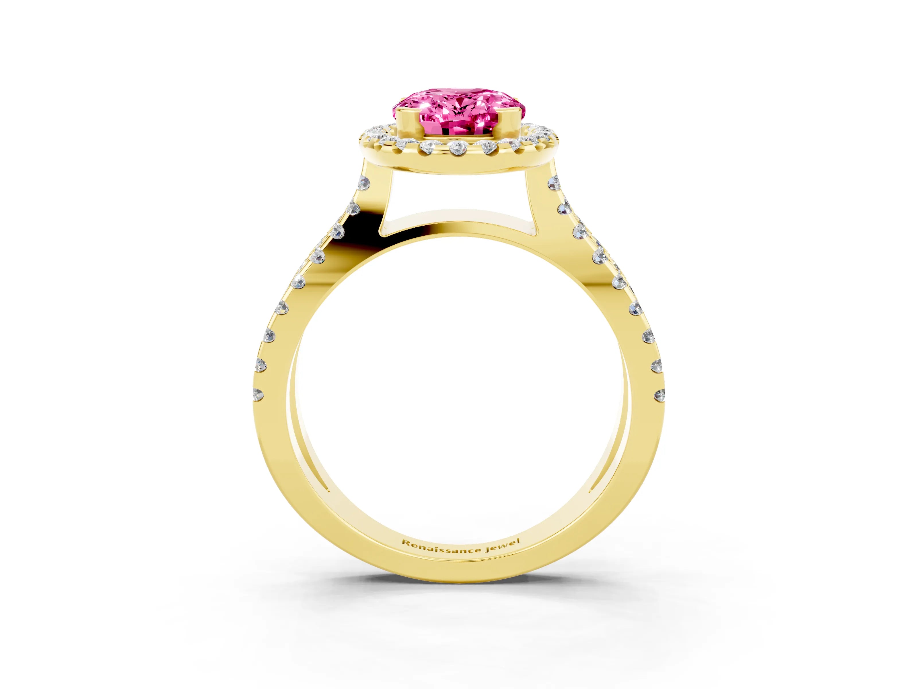 Yellow gold Oval Cut Pink Sapphire Halo Ring with Split Shank Pavé Band and Prong Setting_15