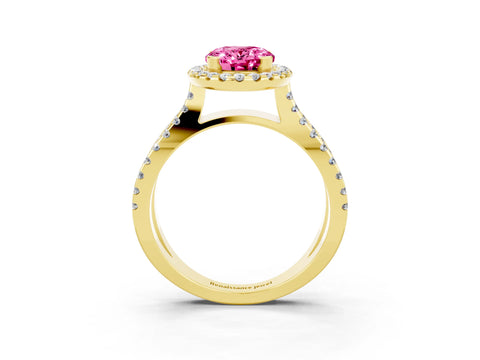 Yellow gold Oval Cut Pink Sapphire Halo Ring with Split Shank Pavé Band and Prong Setting_15