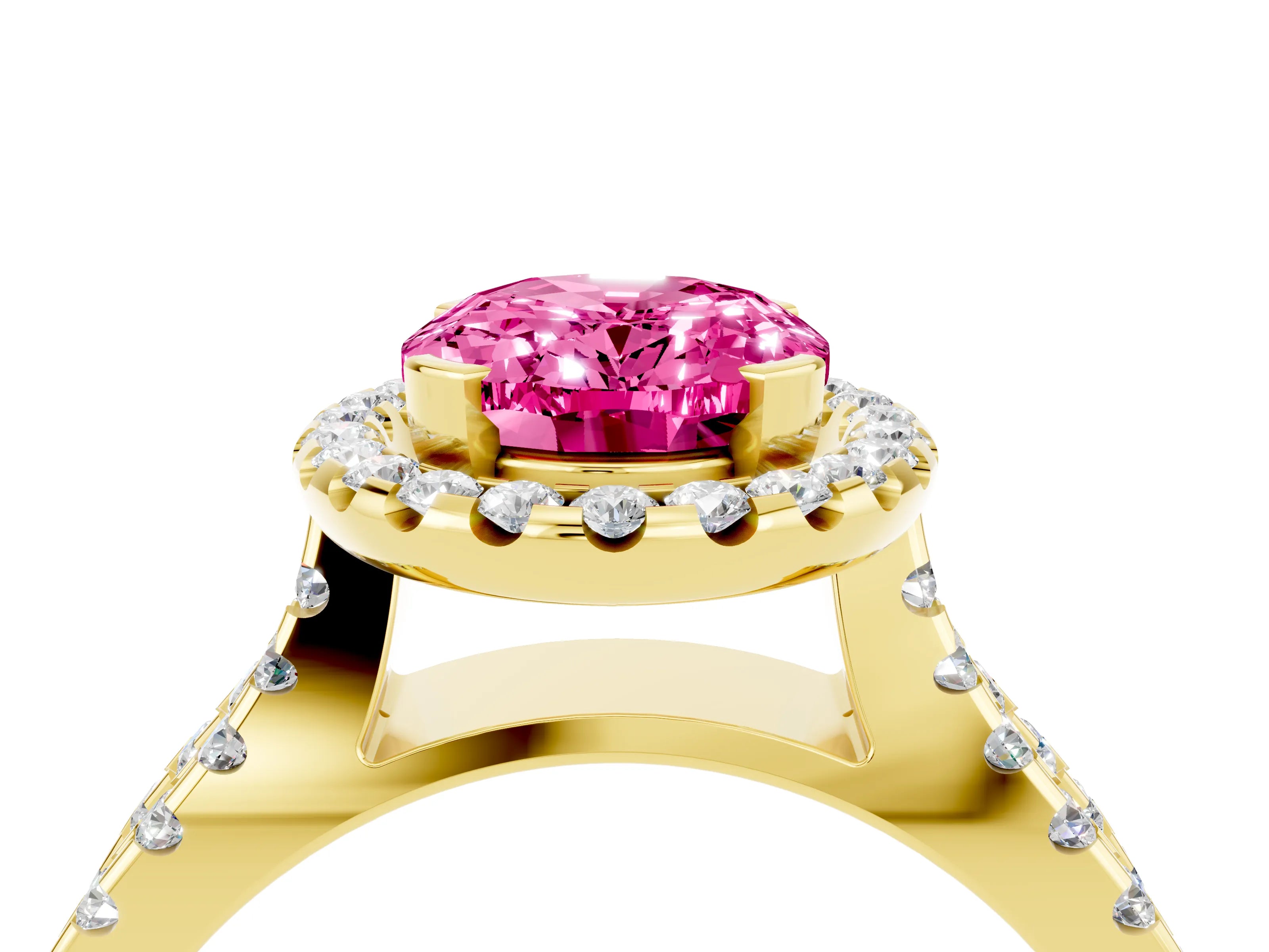 Yellow gold Oval Cut Pink Sapphire Halo Ring with Split Shank Pavé Band and Prong Setting_16