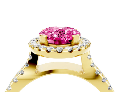 Yellow gold Oval Cut Pink Sapphire Halo Ring with Split Shank Pavé Band and Prong Setting_16