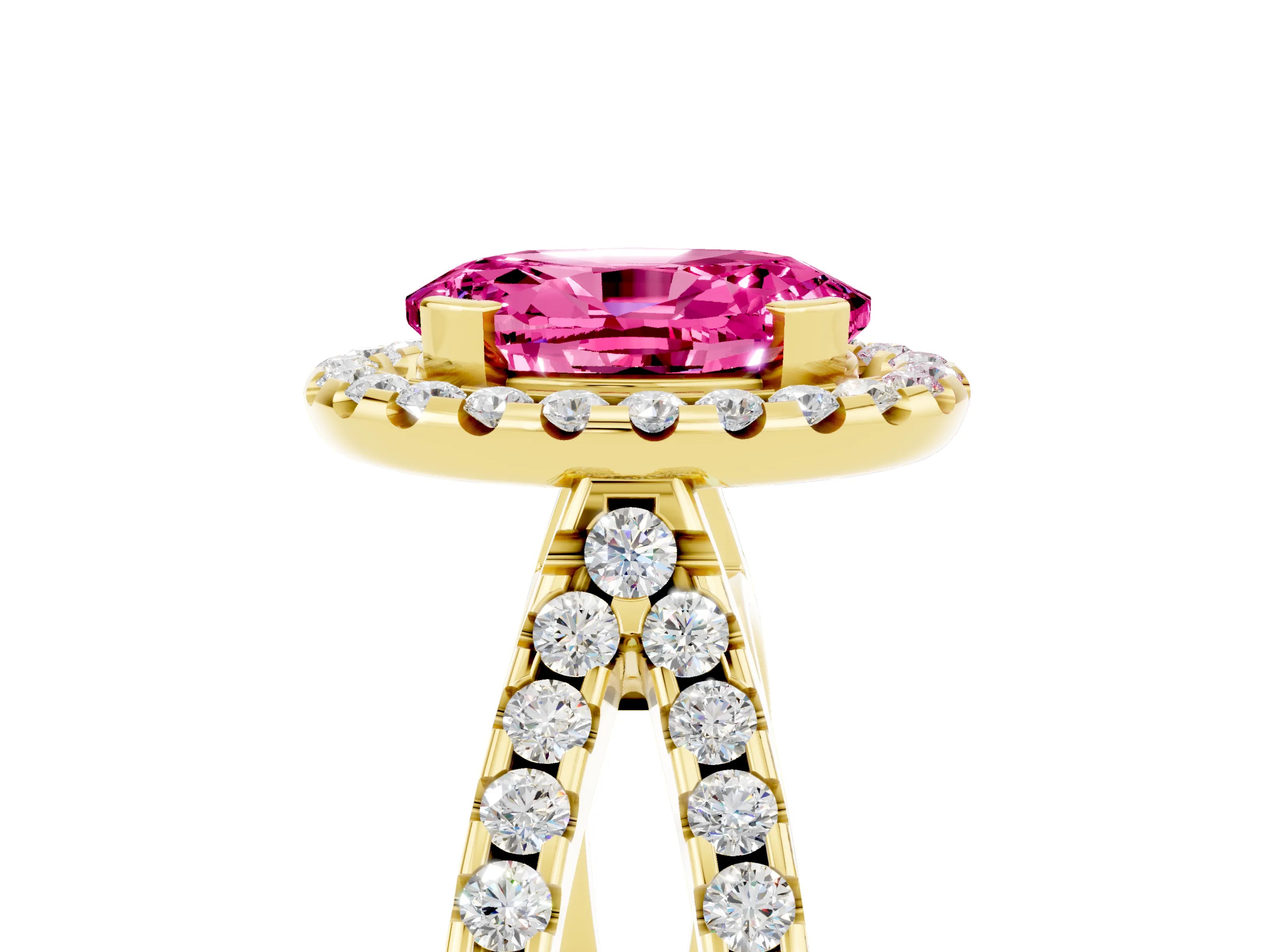 Yellow gold Oval Cut Pink Sapphire Halo Ring with Split Shank Pavé Band and Prong Setting_17