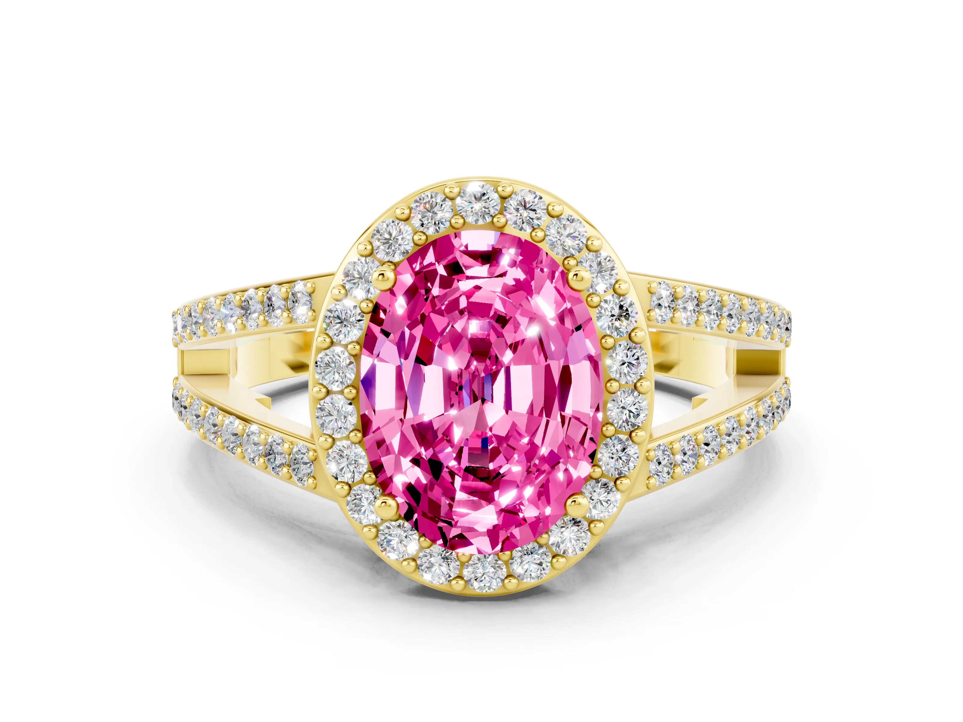 Yellow gold Oval Cut Pink Sapphire Halo Ring with Split Shank U-Prong Band and Four-Prong Setting