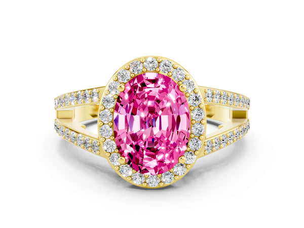 Yellow gold Oval Cut Pink Sapphire Halo Ring with Split Shank U-Prong Band and Four-Prong Setting