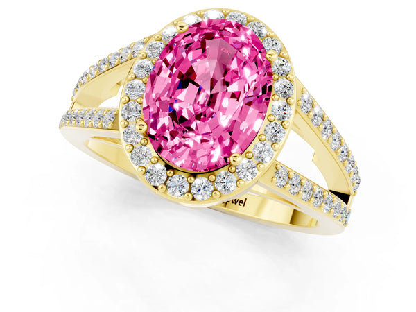 Yellow gold Oval Cut Pink Sapphire Halo Ring with Split Shank U-Prong Band and Four-Prong Setting