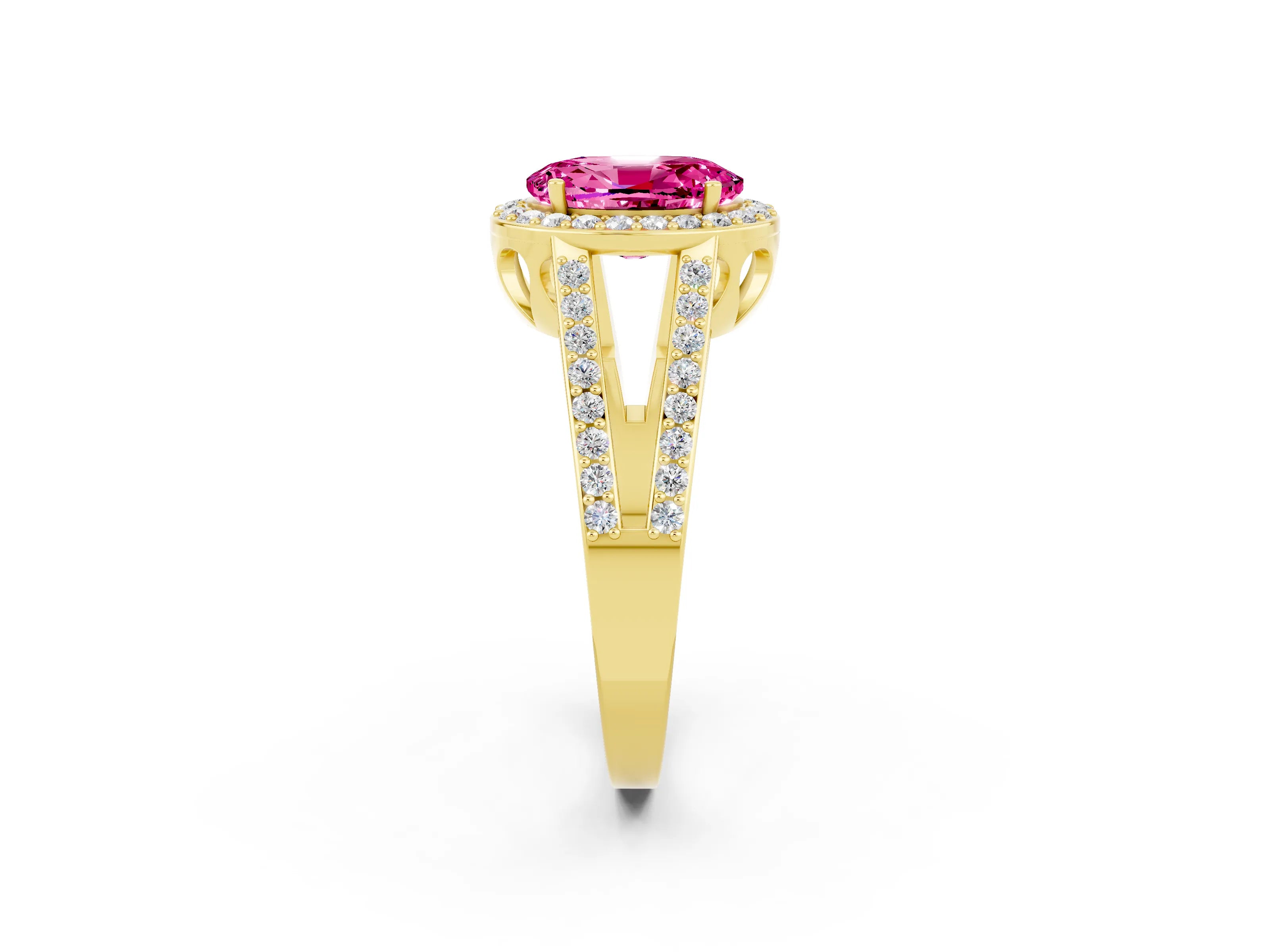 Yellow gold Oval Cut Pink Sapphire Halo Ring with Split Shank U-Prong Band and Four-Prong Setting_2