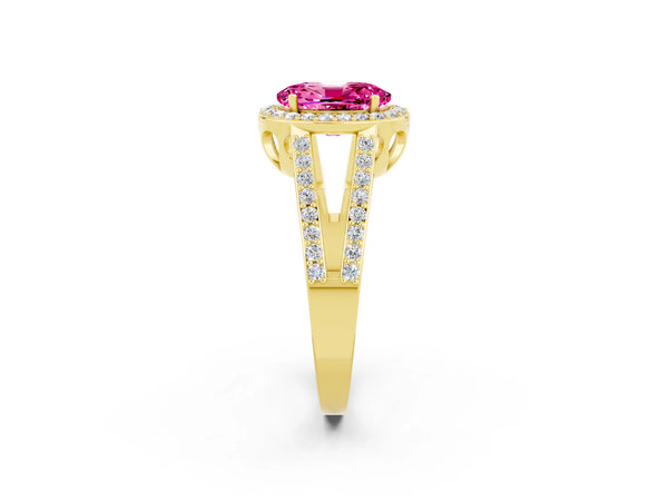 Yellow gold Oval Cut Pink Sapphire Halo Ring with Split Shank U-Prong Band and Four-Prong Setting