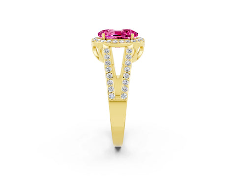 Yellow gold Oval Cut Pink Sapphire Halo Ring with Split Shank U-Prong Band and Four-Prong Setting_2
