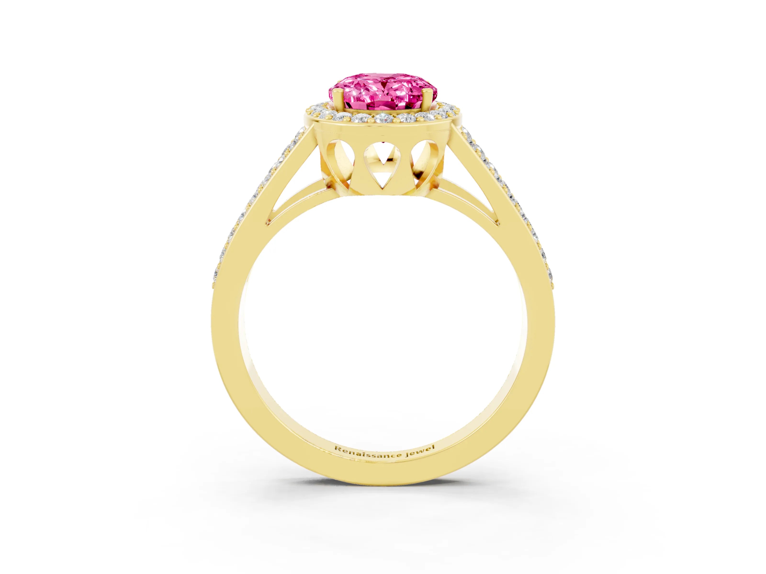 Yellow gold Oval Cut Pink Sapphire Halo Ring with Split Shank U-Prong Band and Four-Prong Setting_3