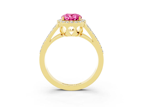 Yellow gold Oval Cut Pink Sapphire Halo Ring with Split Shank U-Prong Band and Four-Prong Setting