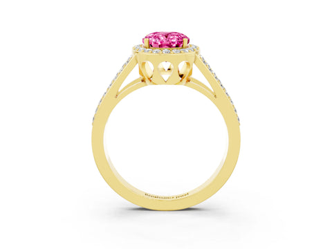 Yellow gold Oval Cut Pink Sapphire Halo Ring with Split Shank U-Prong Band and Four-Prong Setting_3
