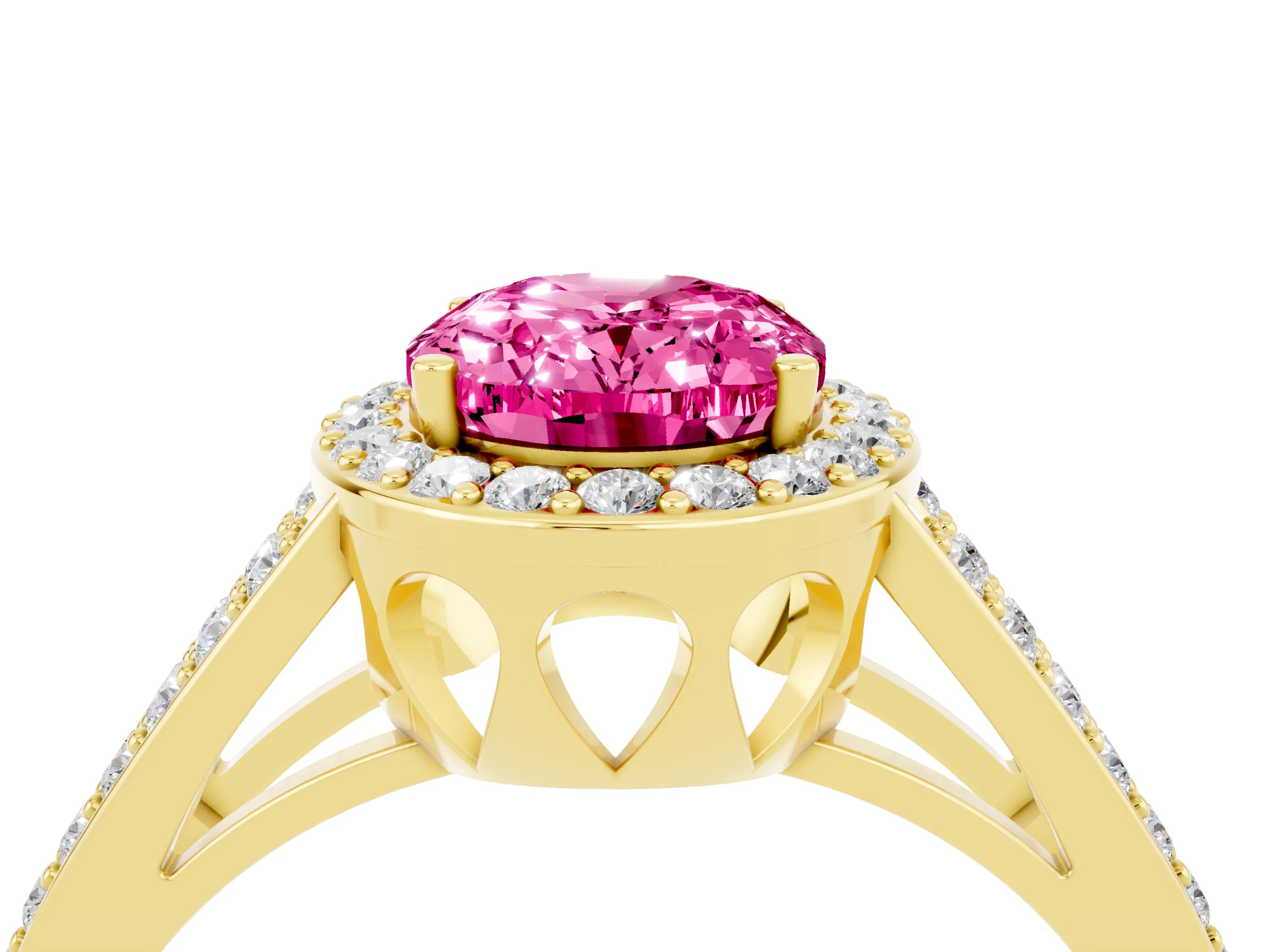 Yellow gold Oval Cut Pink Sapphire Halo Ring with Split Shank U-Prong Band and Four-Prong Setting_4
