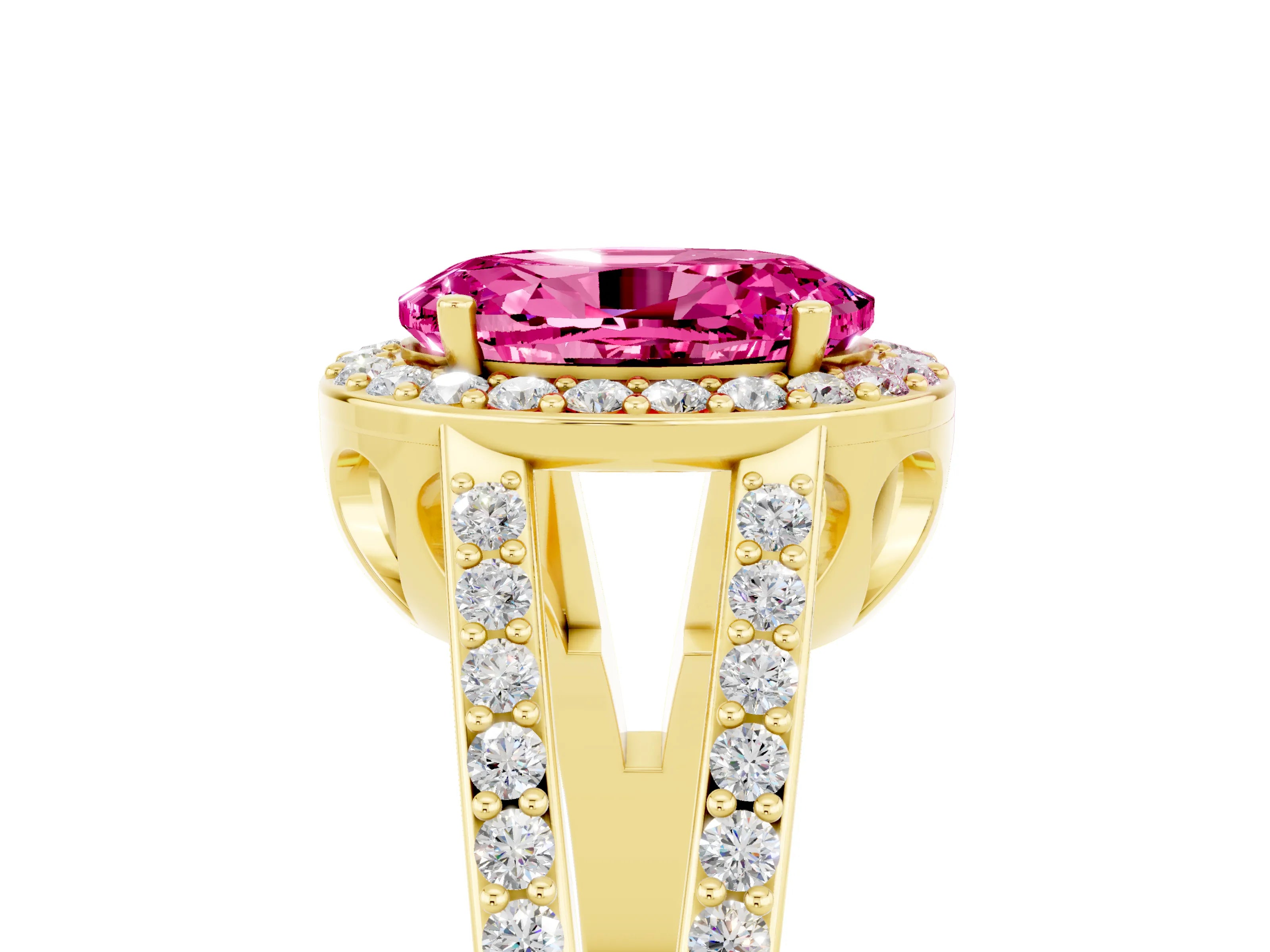Yellow gold Oval Cut Pink Sapphire Halo Ring with Split Shank U-Prong Band and Four-Prong Setting_5