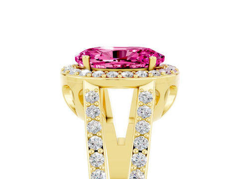 Yellow gold Oval Cut Pink Sapphire Halo Ring with Split Shank U-Prong Band and Four-Prong Setting_5