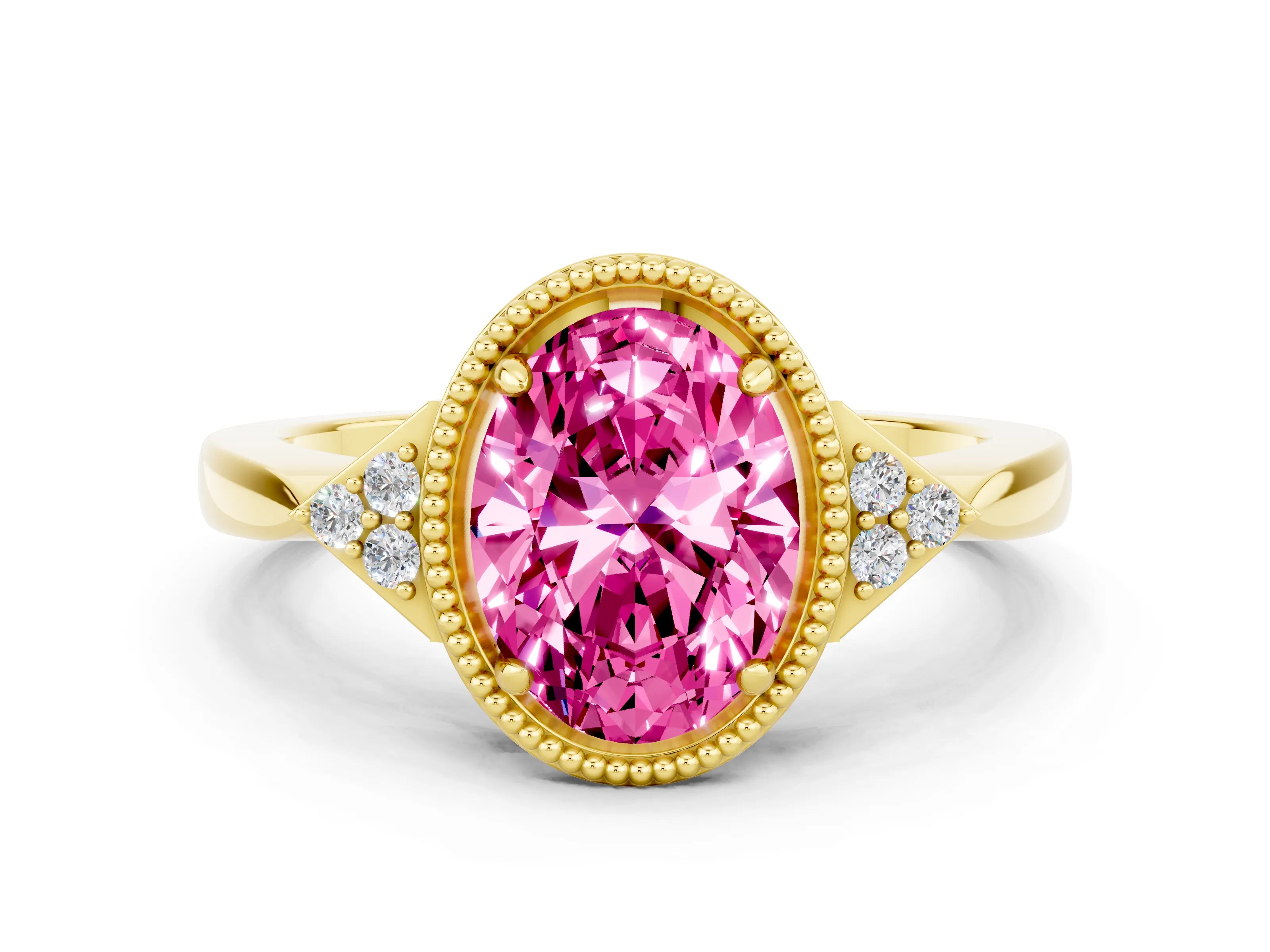 Yellow gold Oval Cut Pink Sapphire Halo Ring with Tapered Band and Four-Prong Setting