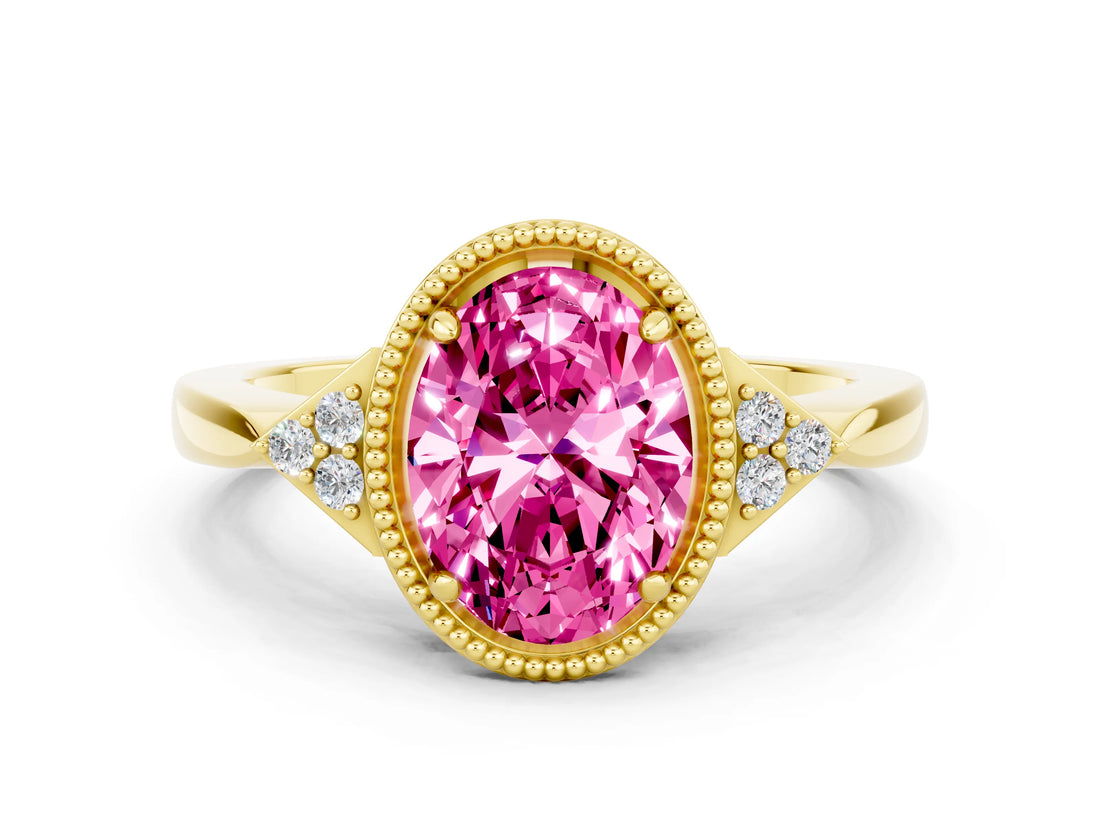 Yellow gold Oval Cut Pink Sapphire Halo Ring with Tapered Band and Four-Prong Setting