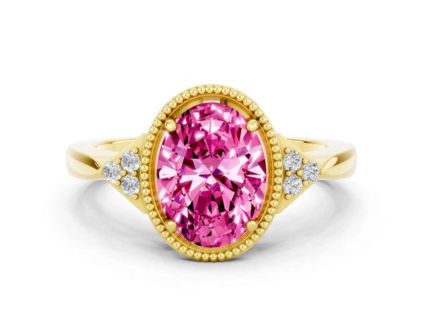 Yellow gold Oval Cut Pink Sapphire Halo Ring with Tapered Band and Four-Prong Setting