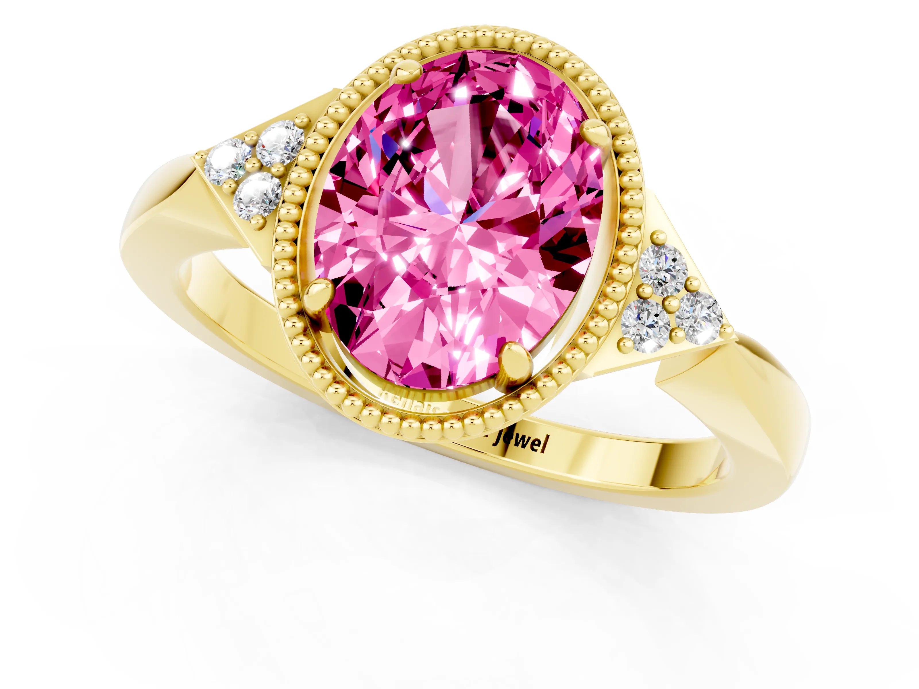 Yellow gold Oval Cut Pink Sapphire Halo Ring with Tapered Band and Four-Prong Setting_1