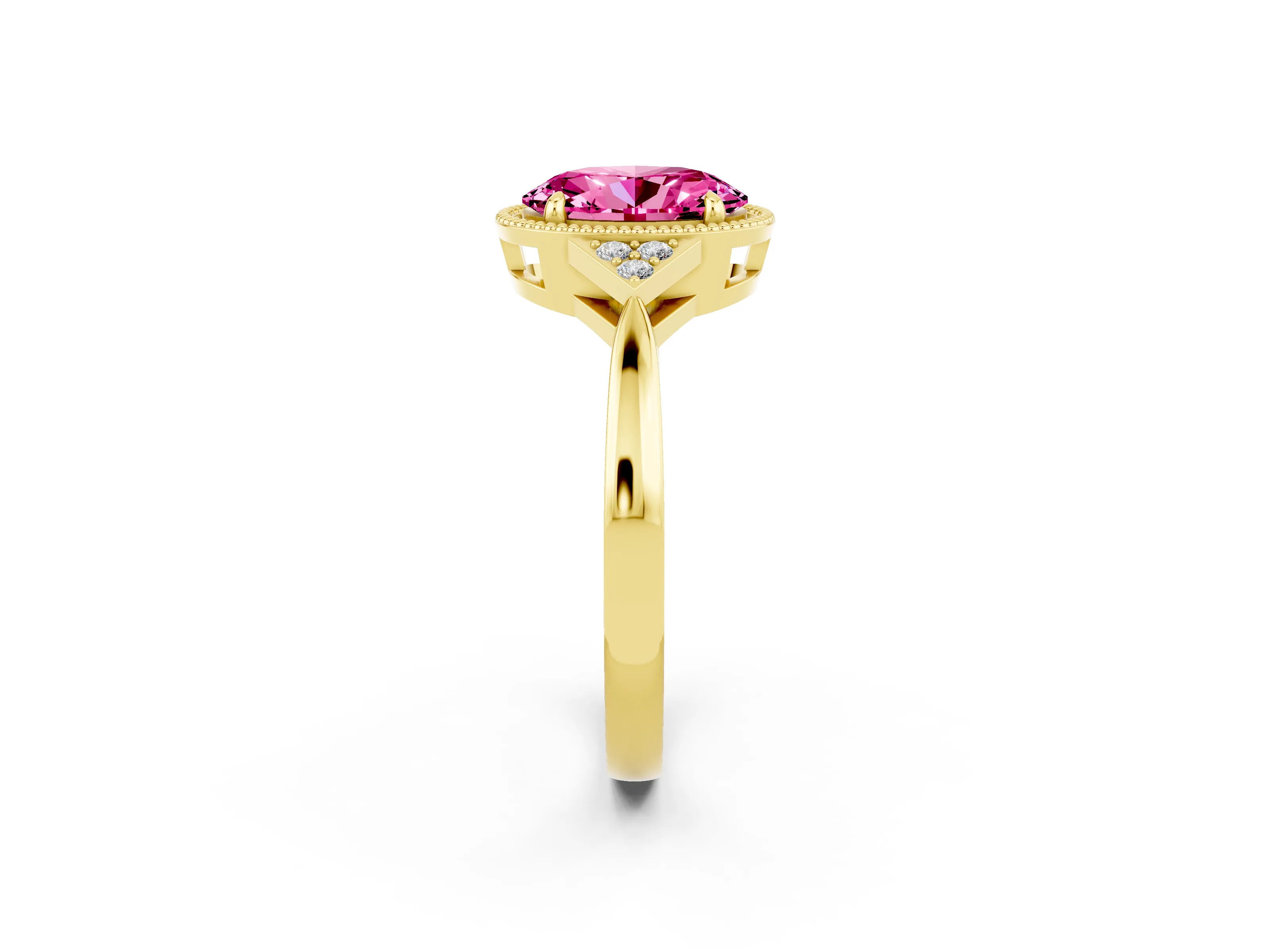 Yellow gold Oval Cut Pink Sapphire Halo Ring with Tapered Band and Four-Prong Setting_2