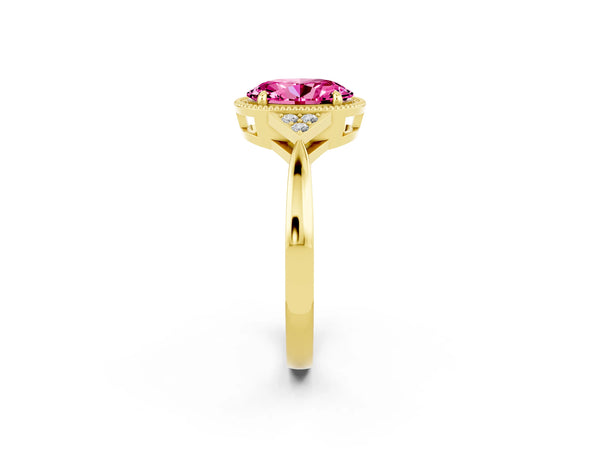 Yellow gold Oval Cut Pink Sapphire Halo Ring with Tapered Band and Four-Prong Setting
