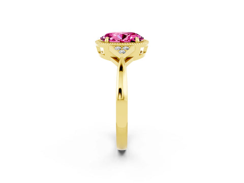 Yellow gold Oval Cut Pink Sapphire Halo Ring with Tapered Band and Four-Prong Setting_2