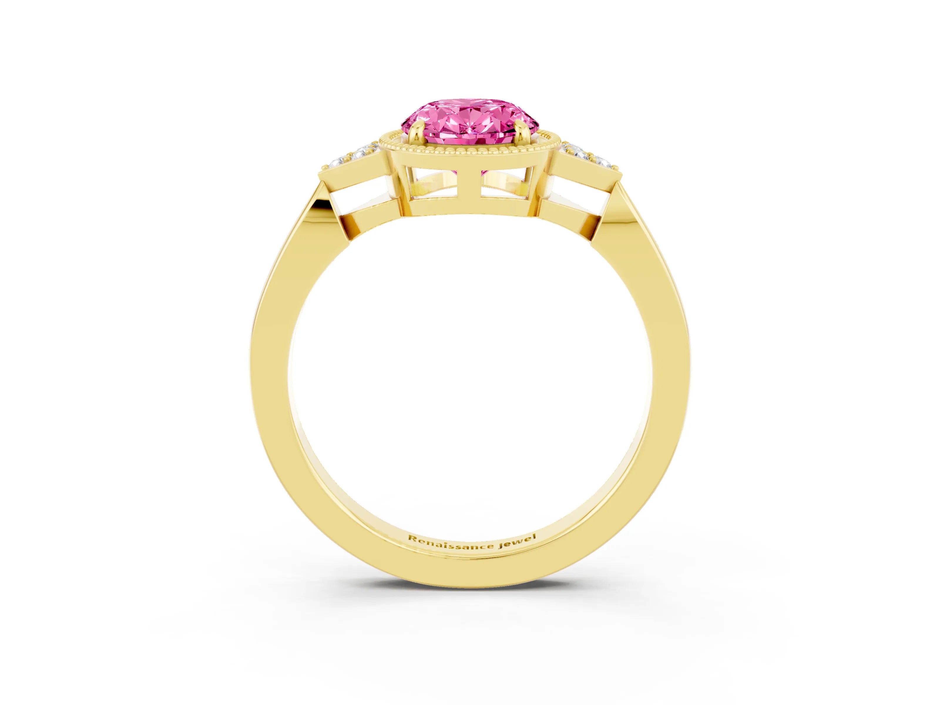 Yellow gold Oval Cut Pink Sapphire Halo Ring with Tapered Band and Four-Prong Setting_3